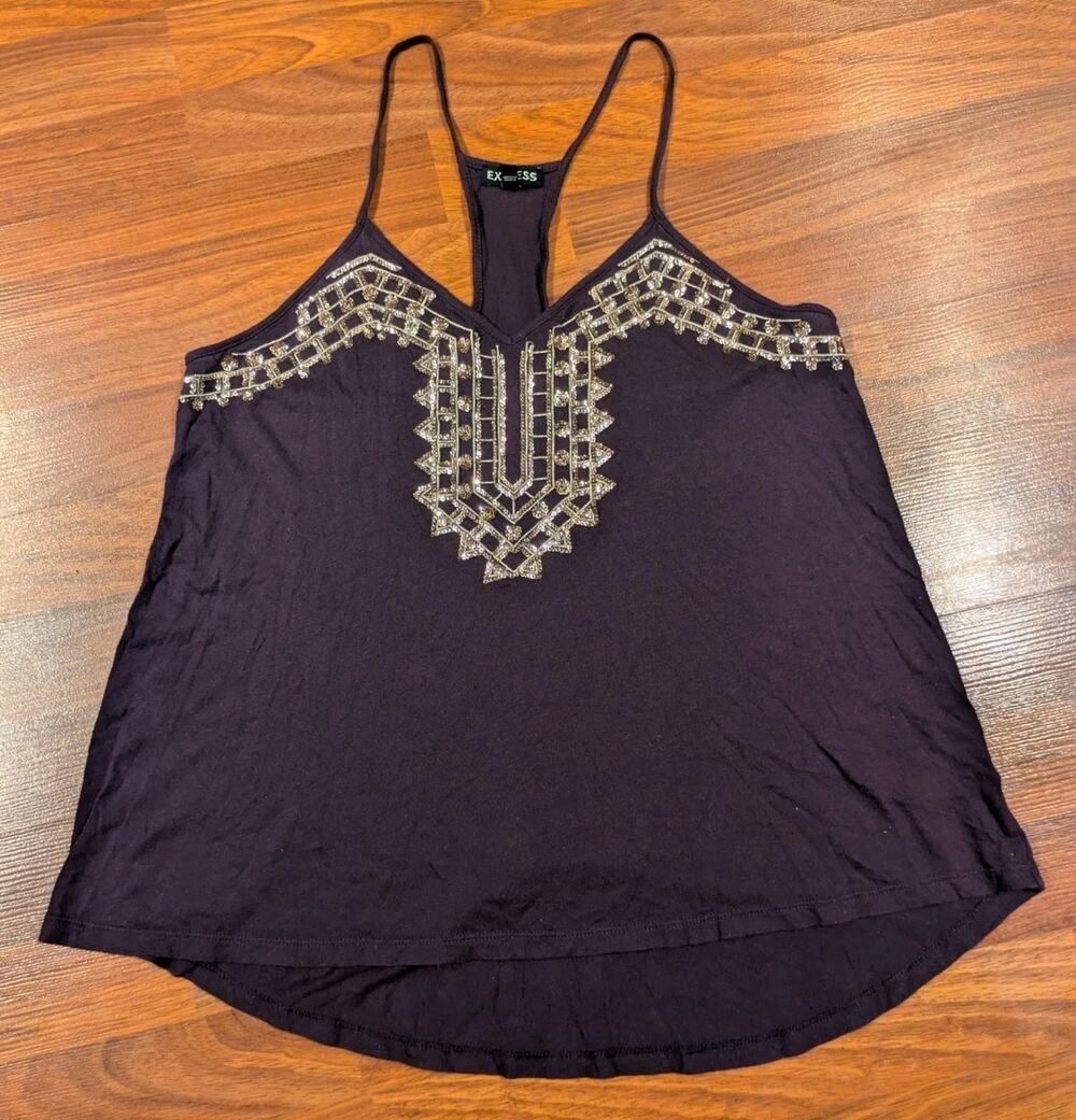 Express Womens M Y2K Sequin Beaded Racerback Tank Top Purple Boho Going Out